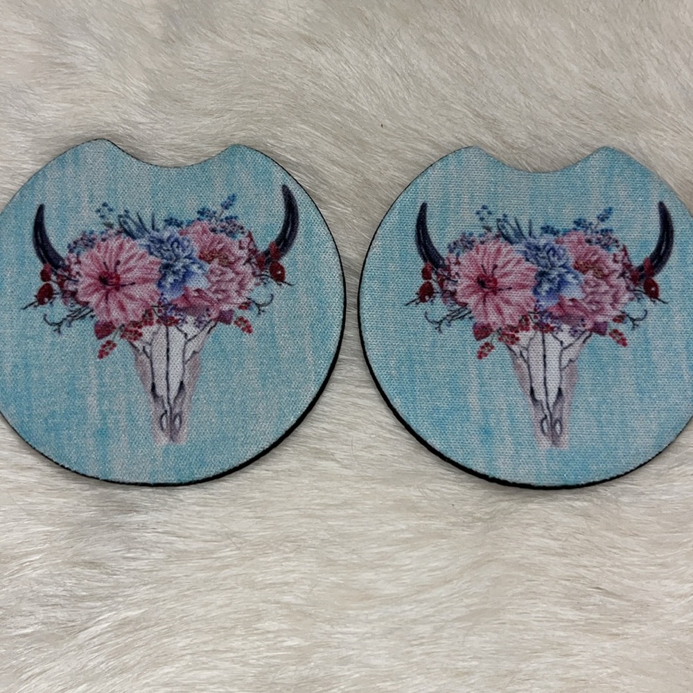 Car Coasters Floral Cow Skull - set of 2 - Picture 2 of 4